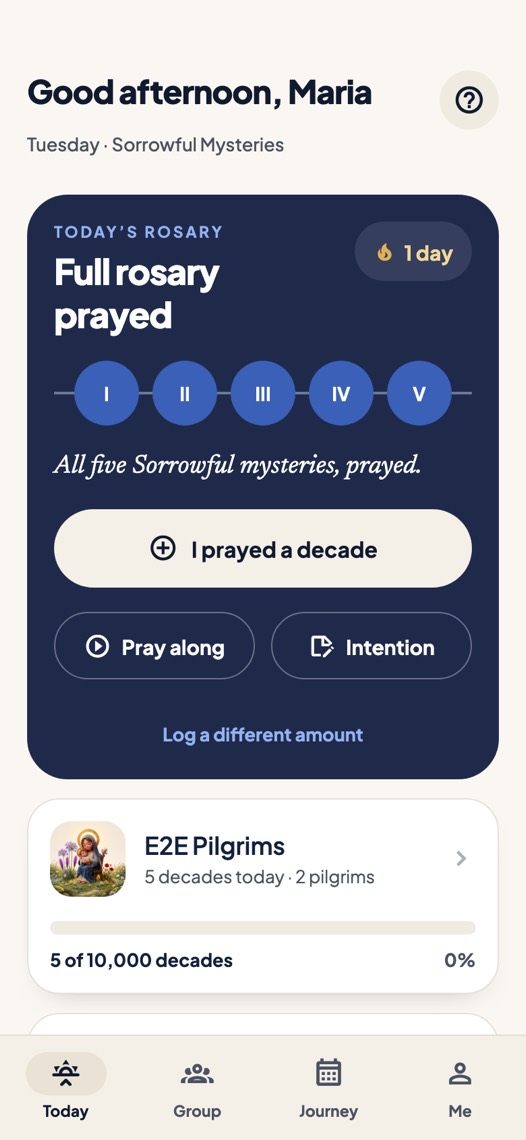The Today screen: the day's mysteries and the group's count.