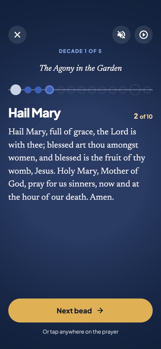Praying bead by bead, with the prayer on screen.